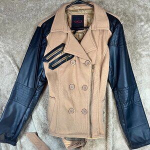 Yoki New York Jacket Double Breasted Leather Sleeves Belted Tan Black Womens L